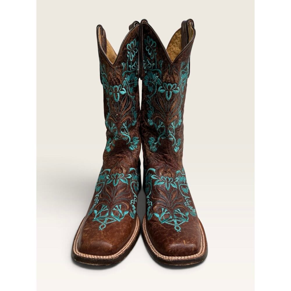 Cavender’s Women’s Brown Leather Turquoise Floral Embroidered Cowboy Boots 8M - Picture 10 of 12